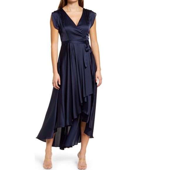 Lulus Fallen for You Navy Blue Satin High Low V-Neck Cocktail Dress Size XS NWT - Picture 1 of 7